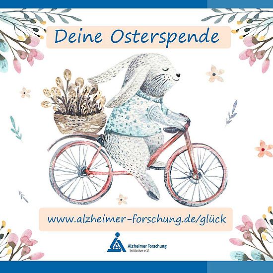 Illustration von einem Hasen auf Fahrrad: „Deine Osterspende“