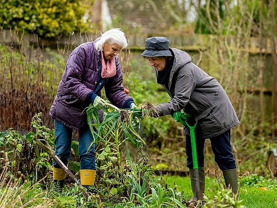 Zwei ältere Frauen arbeiten gemeinsam im Garten