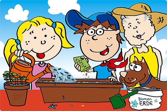 AFi-KiDS als Gärtner Die Comicfiguren Katja und Max gärtnern mit ihrer Oma.