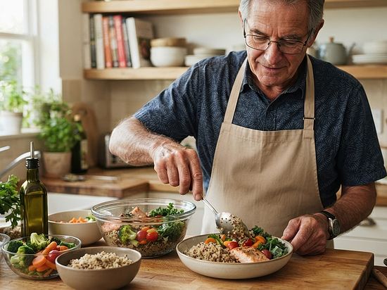 Senior bereitet ein gesundes Essen in seiner Küche vor.